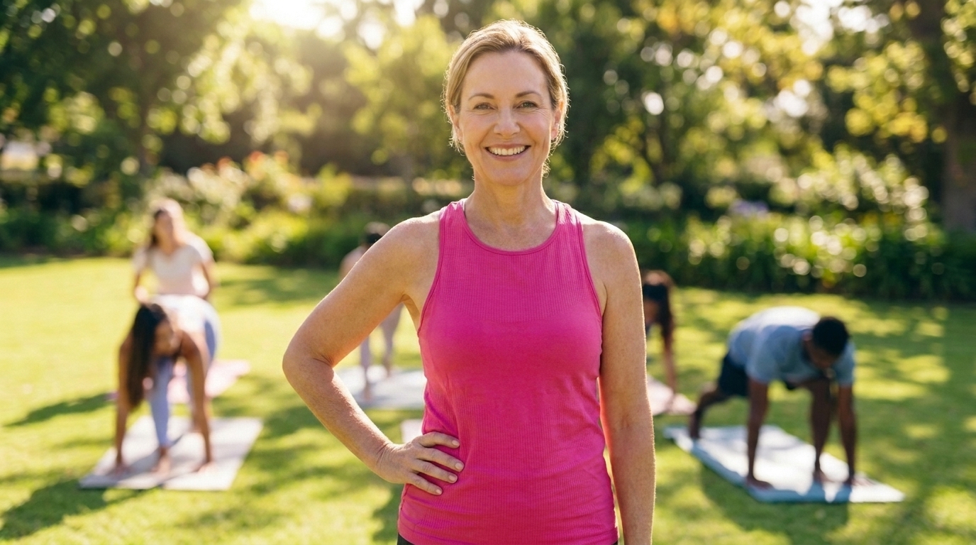 Woman smiling outdoors during her hormone replacement therapy (HRT) program