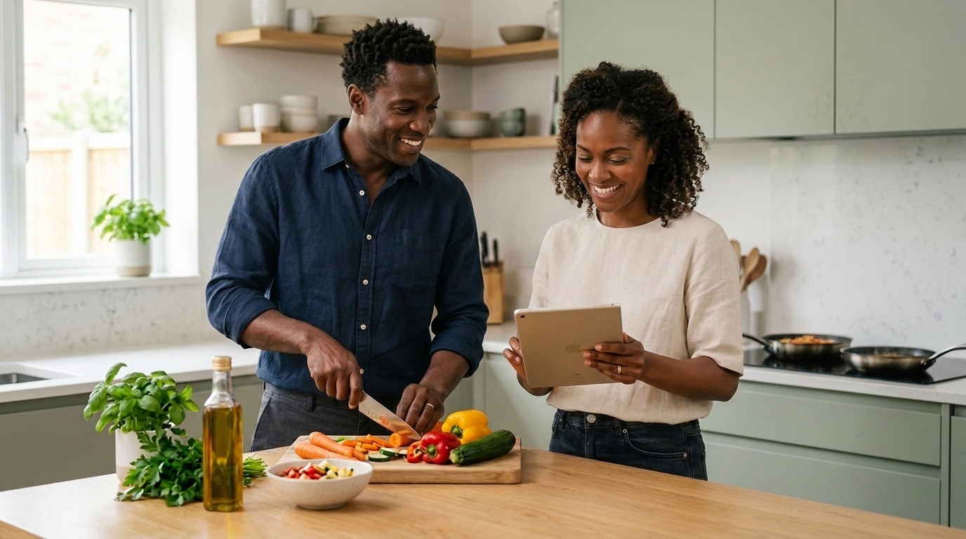 Couple cooking a healthy meal together during their GLP-1 weight loss program