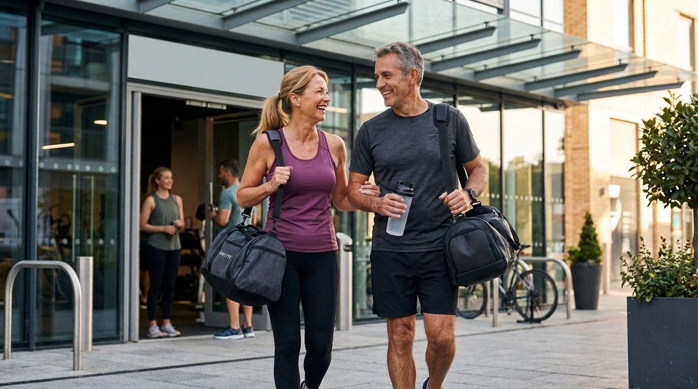 Couple leaving the gym together during their peptide therapy program