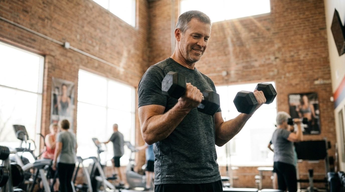 Man lifting dumbbells at the gym during his testosterone replacement therapy (TRT) plan
