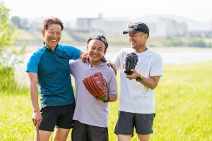 three men enjoying playing baseball after testosterone replacement therapy