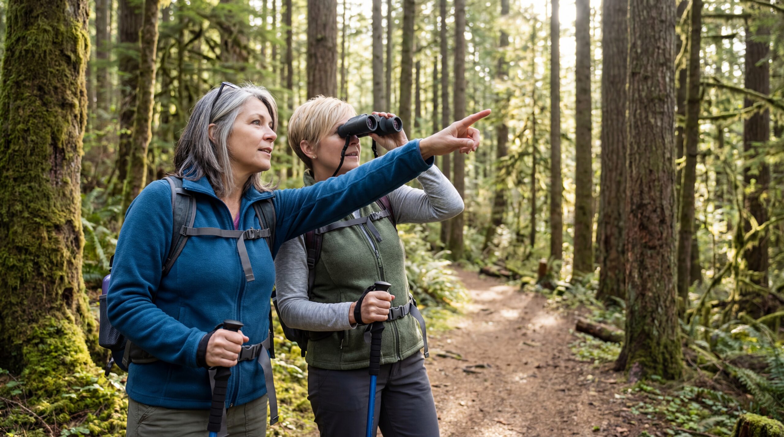 Two women hiking a forest trail together — benefits of hormone injections for women