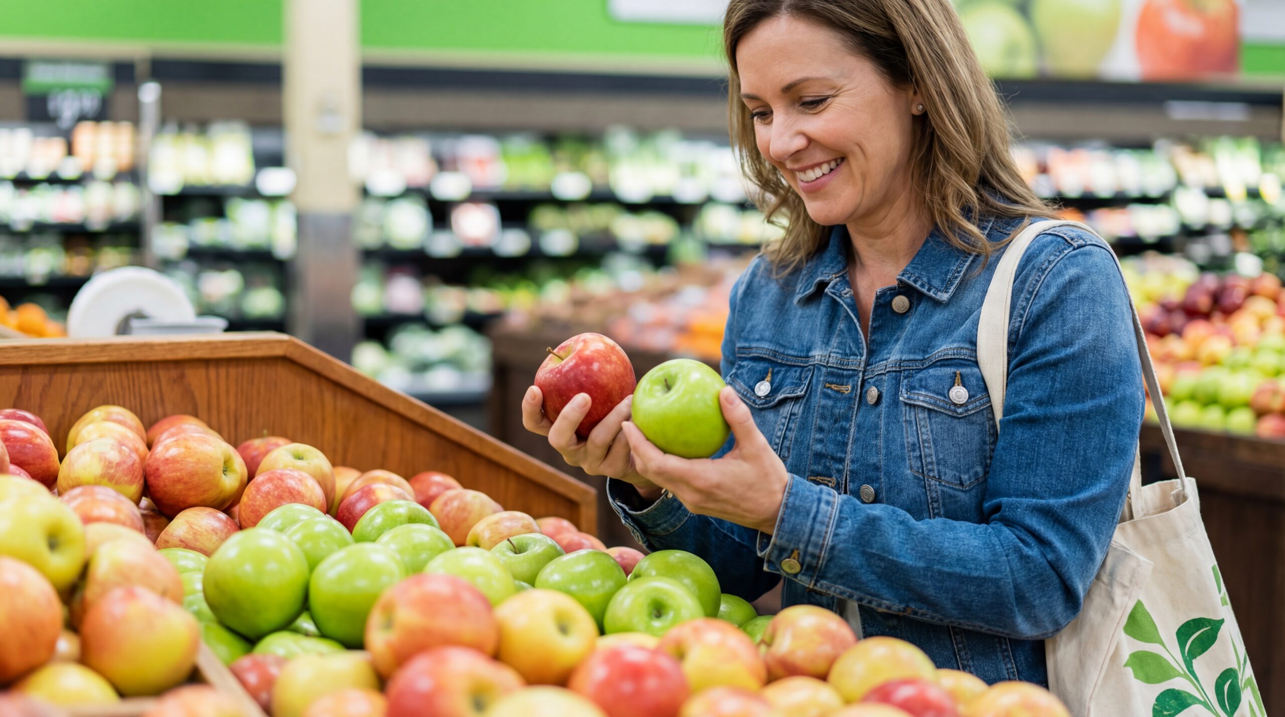 Woman picking fresh apples at the grocery store, supporting her health with progesterone cream therapy