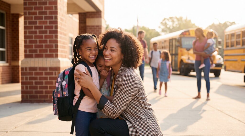 A woman picks her kids up from school excited to see them.