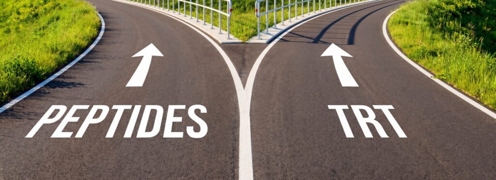 Crossroads of peptides vs TRT, representing which one should be picked.