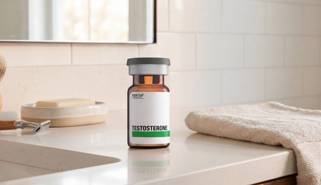 A vial of testosterone for women on a bathroom counter.
