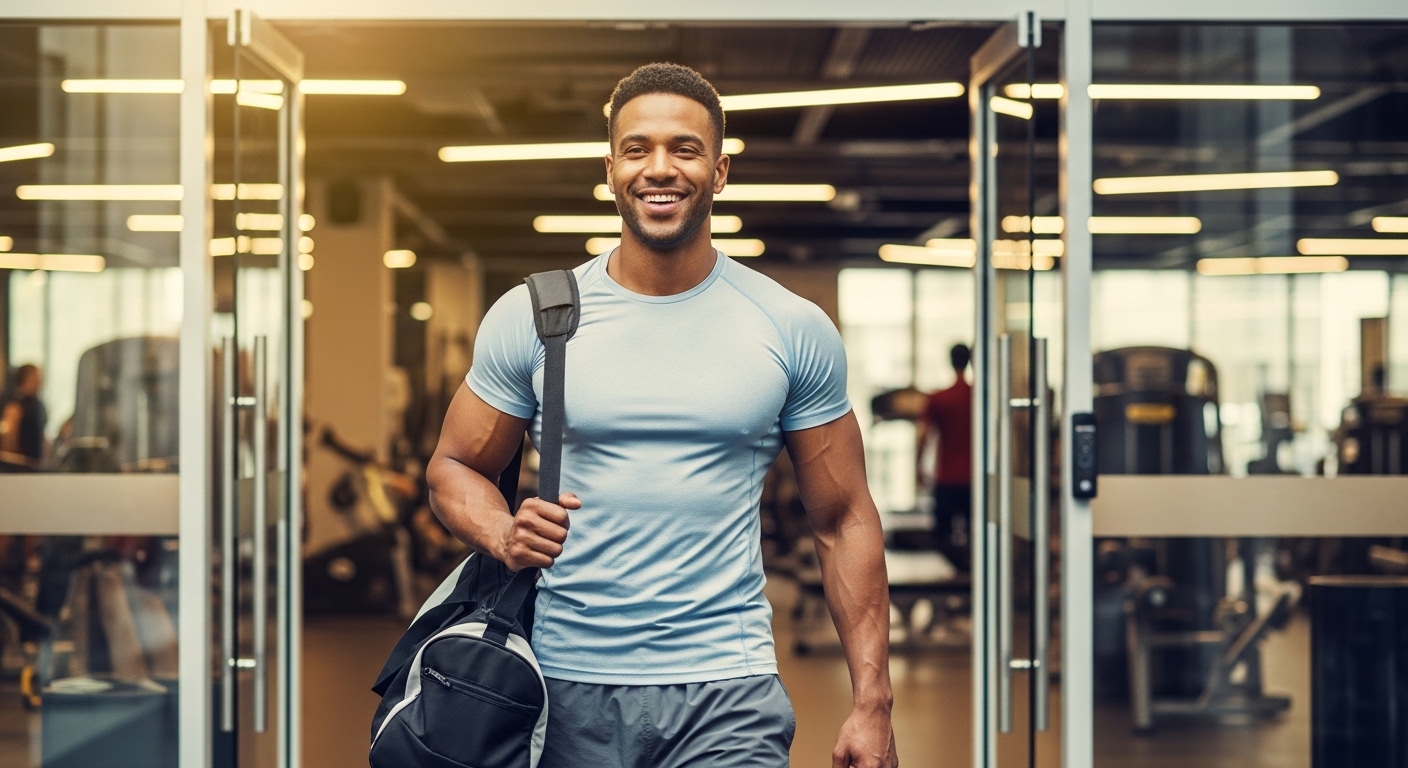 Man walks out of a gym feeing good after weeks of doing TRT.