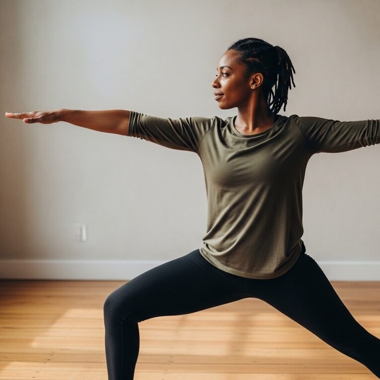 Woman stretching indoors while using a personalized topical hormone therapy plan