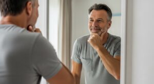 Middle aged man checking his appearance in the mirror, measuring results of peptides