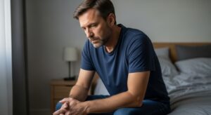 Gloomy man sits on bed thinking of solutions for low libido.