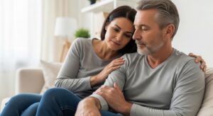 MA realistic lifestyle image of a middle-aged man being gently comforted by his wife or partner in a quiet, intimate home setting. The interaction should feel subtle and supportive, such as a reassuring hand on his arm, a soft embrace, or sitting close together on a couch or bed. Expressions should be calm and caring, not dramatic. Use warm, natural lighting and neutral tones. Avoid sexualized poses, medical equipment, or exaggerated emotions. The overall mood should feel compassionate, reassuring, and grounded in real life.
