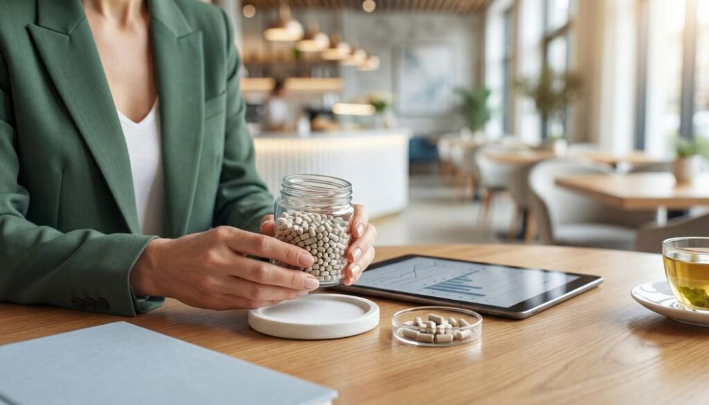 Bioidentical hormone pellets in a jar being held by a physician.