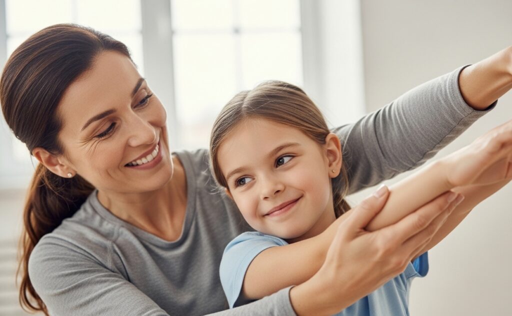women stretches with her daughter feeling good from hrt.