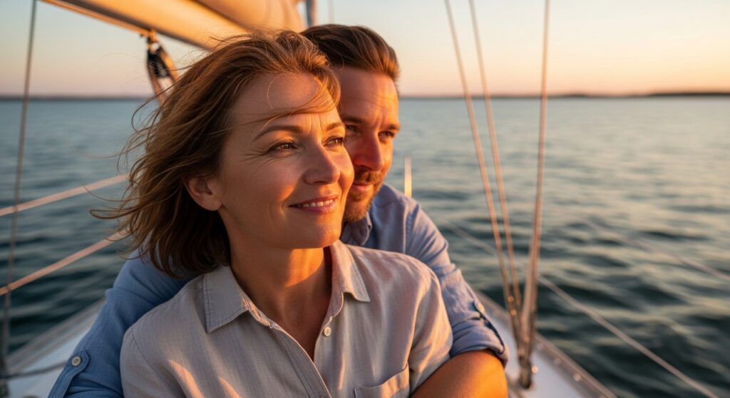 women smiles with her husband as they loo at the sunset on a boat.