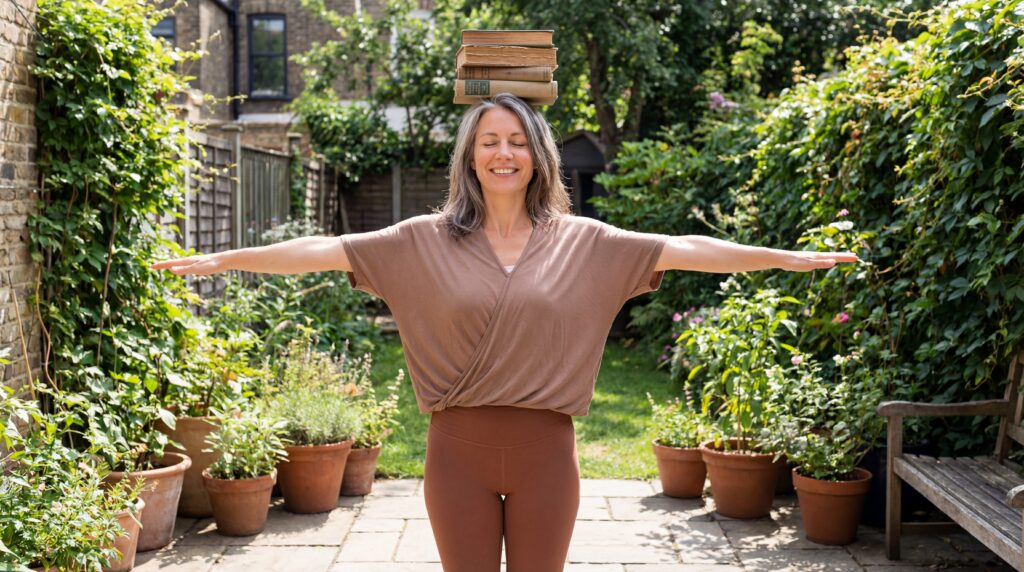 women balances as set of books on her head, as a representation of balanced emotions from hrt.