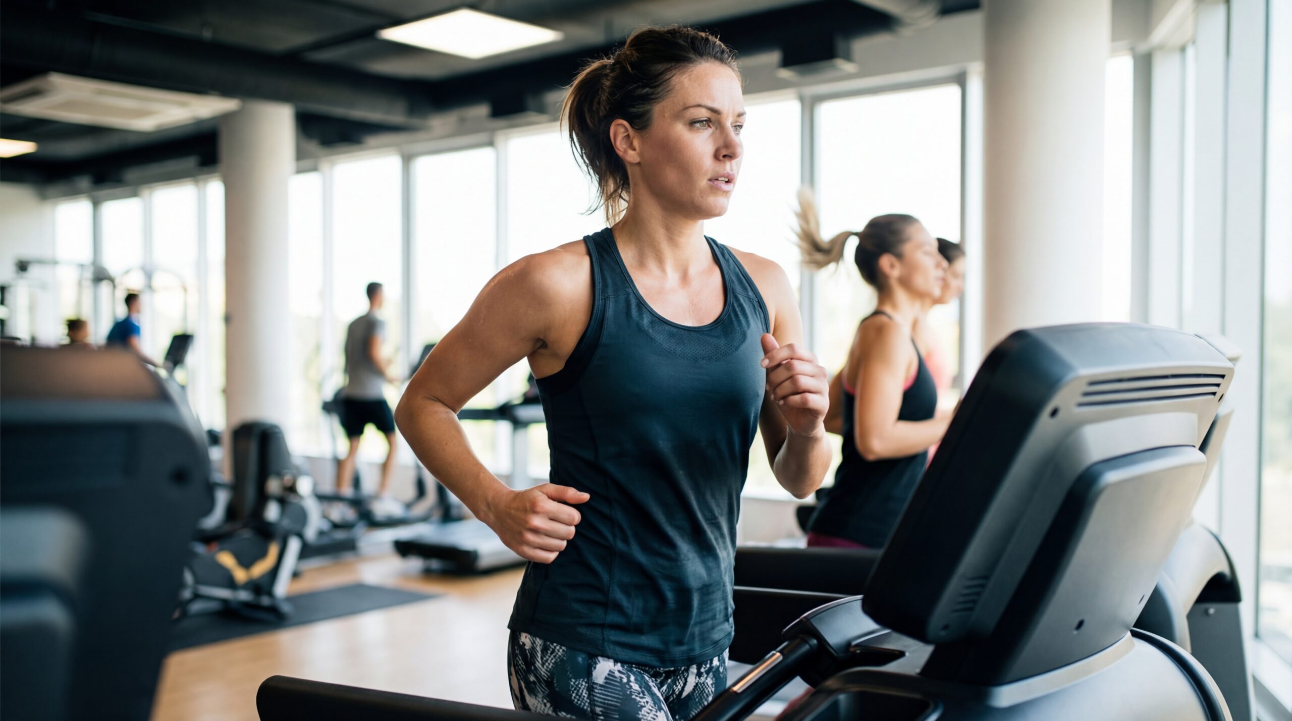 Woman running on a treadmill at the gym, building energy with testosterone cream therapy for women