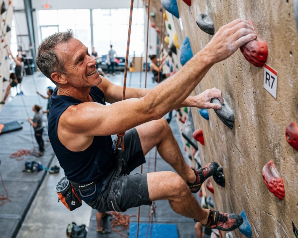 Man in his mid 50s is rock climbs while feeling invigorated by trt.