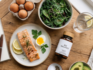 Fish, eggs, salad, and vitamin B12 supplements laid out on a table for hormone support.