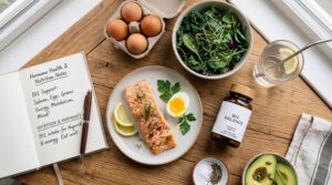 Hormone health and nutrition lunch, vitamin b12 capsule supplements, fish, eggs, greens, and water on a table.