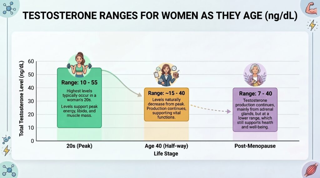 A chart of testosterone ranges for women as they age, showing the how production slowly declines.