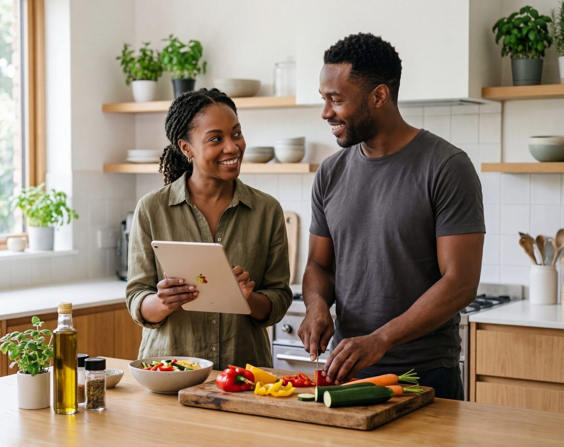 Couple cooking a healthy meal in the kitchen while being supported GLP-1s and peptides therapy