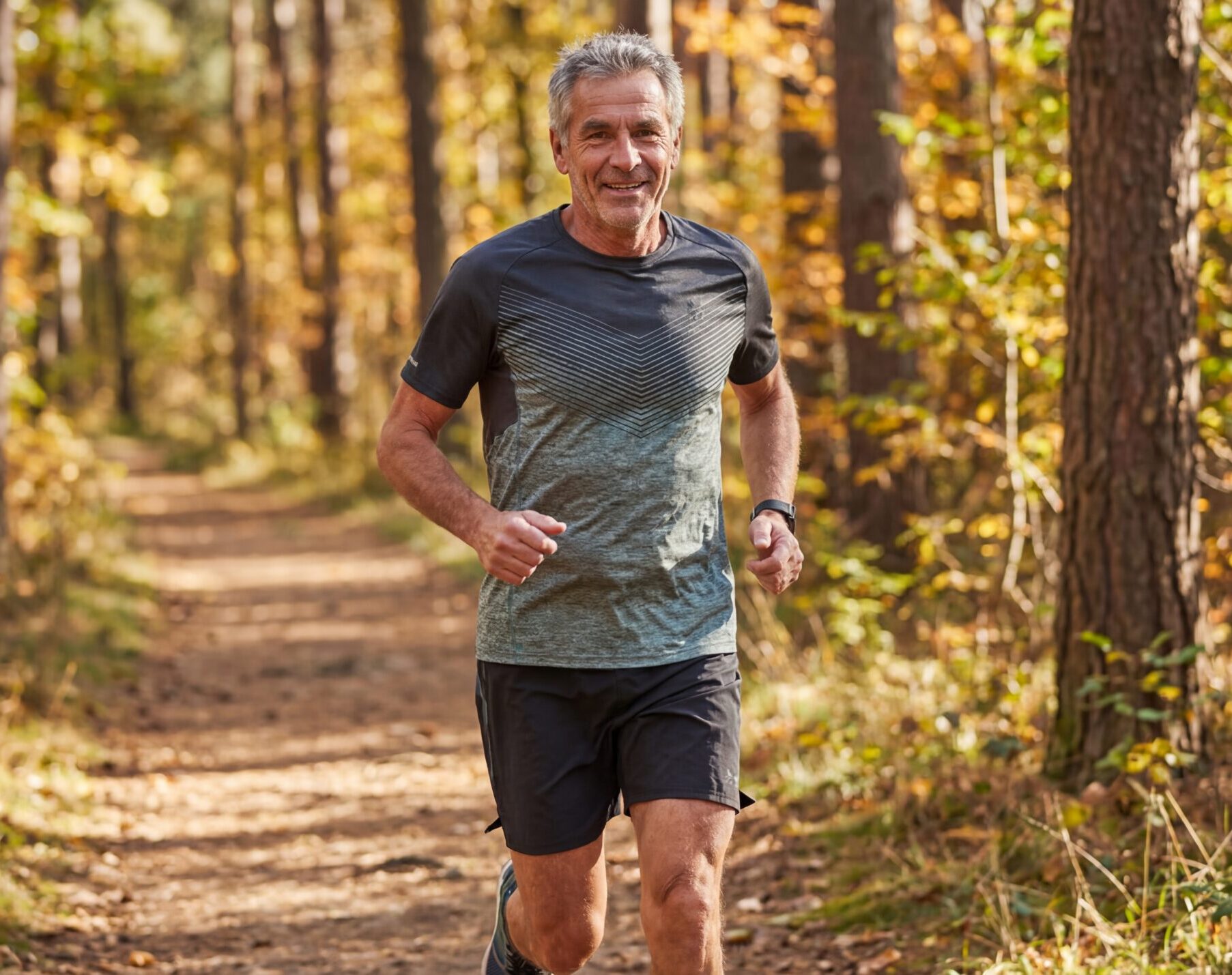 Older man jogs a forest trail with support of trt and peptide therapy
