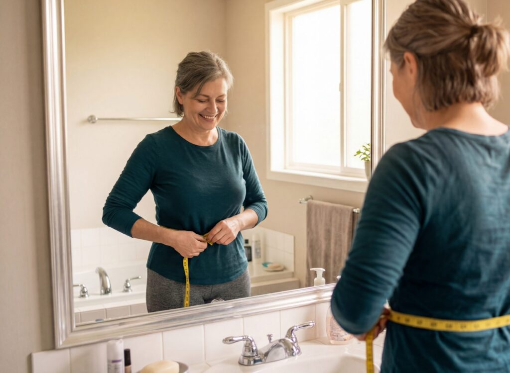middle aged women looks in the mirror happy with her weight loss journey.