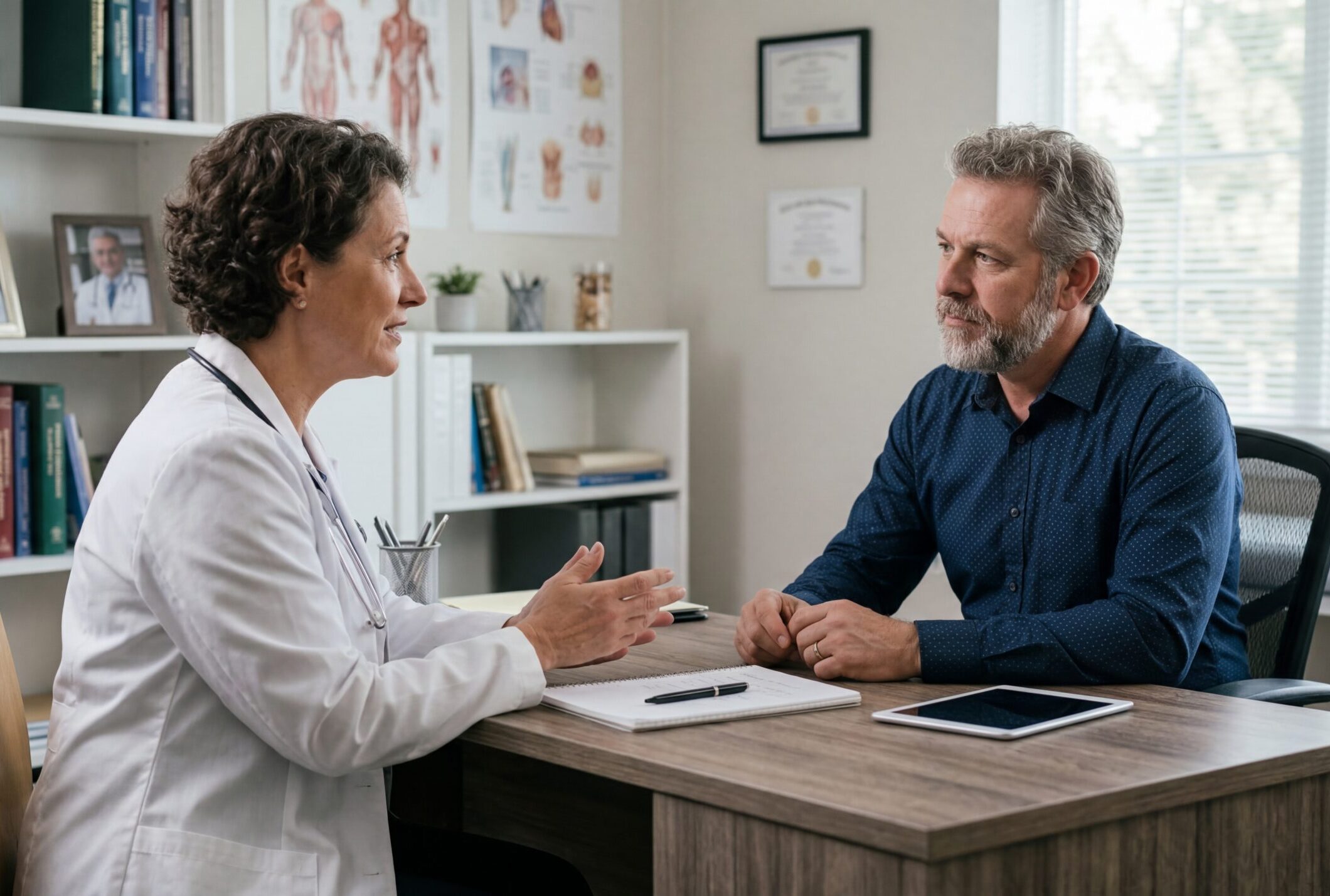 Patient discussing in-clinic testosterone therapy with a healthcare provider