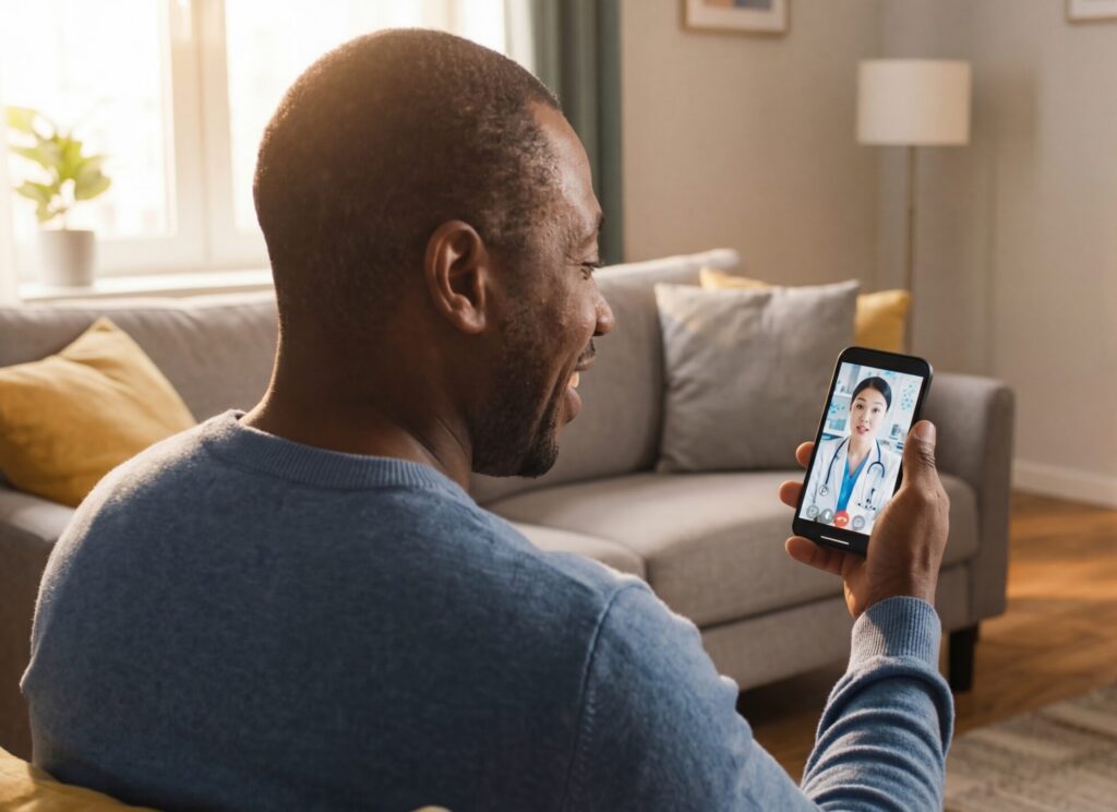 Man talks to his provider via telehealth call to discuss trt options.