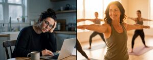 Women in left picture has imbalanced hormones and is fatigued. Same woman in right picture is doing yoga with healthy hormones and more energy.