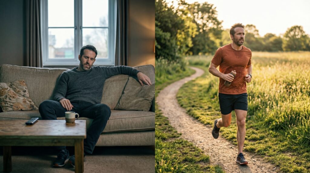 Man on right side is tired on the coach. Same man on left side of image is out running with more energy.