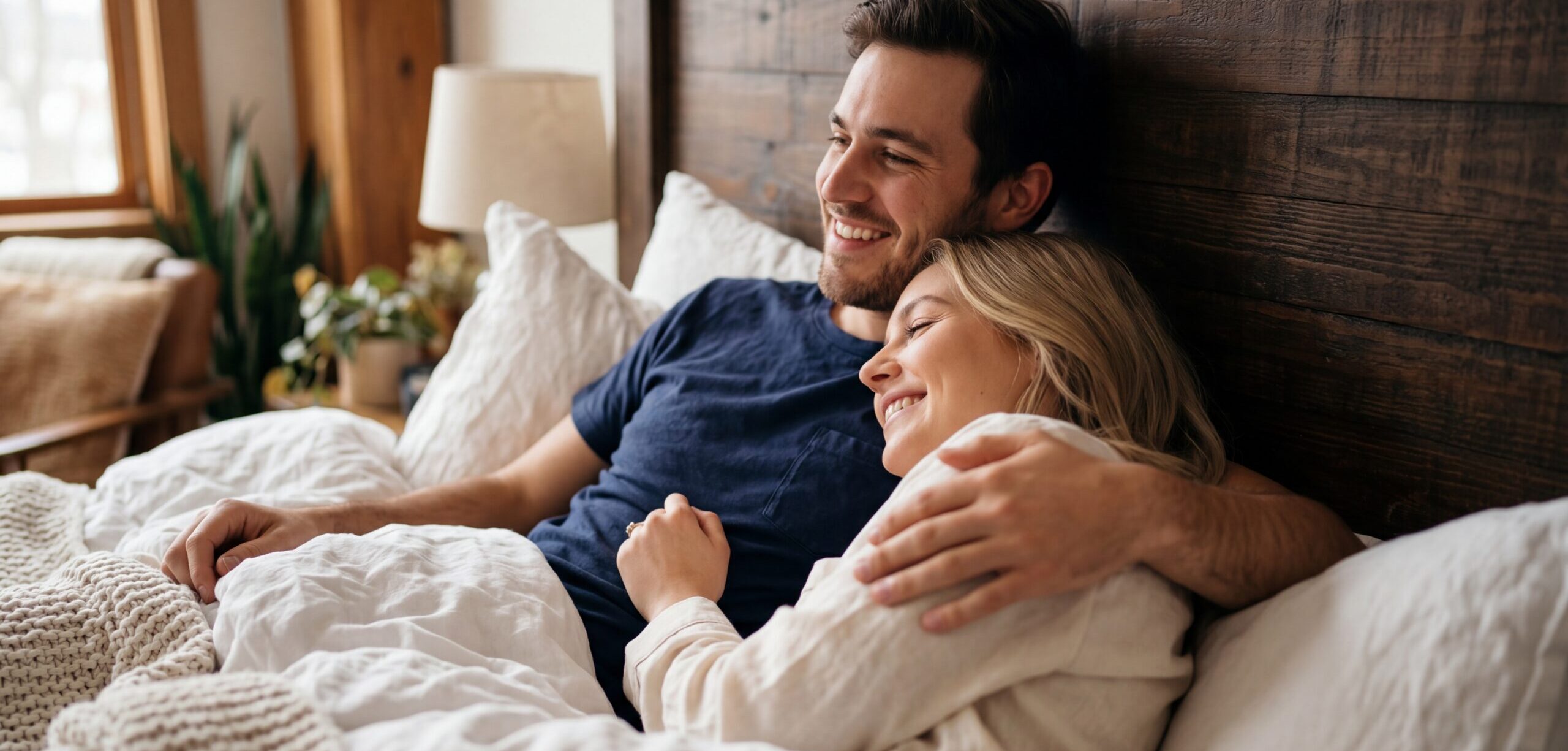 Couple relaxing together in bed; satisfied from PT-141 peptide therapy benefits