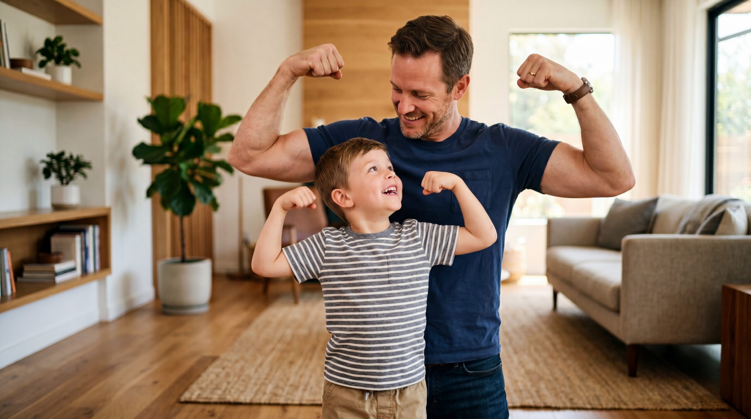 Father flexing with his son showing off benefits of Sermorelin peptide therapy muscle recovery
