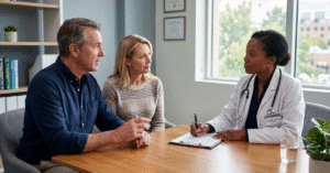 Man talks to his provider about the differences between PT-141 and Viagra for ED.