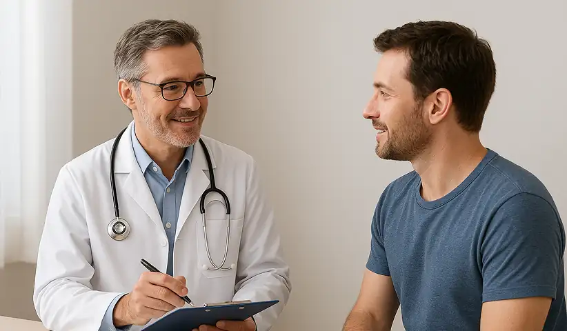 Man talks to his doctor about what insurance covers for his TRT treatment plan at Low T Center
