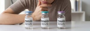 Woman compares retatrutide vs tirzepatide vs. semaglutide to which peptide she should take.