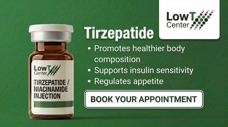 Product block promoting tirzepatide for weight loss and body composition treatment.