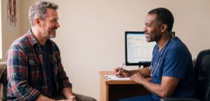 Man talks with his provider about whether or not his trt will be covered by insurance.