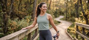 Woman stretching on a walking trail outdoors as part of a healthy lifestyle during early menopause.
